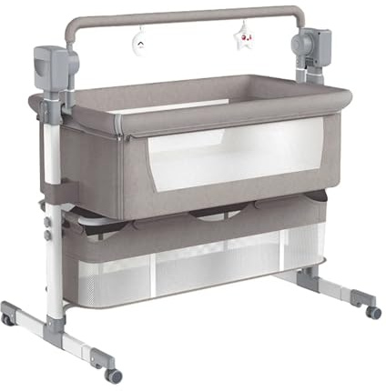 Oubeauou Baby sängkorg, 4-i-1 bärbar spjälsäng med automatisk gunga, fjärrkontroll, justerbar höjd, multiscenlägen, 8/15/30 minuters timer (KHAKI)