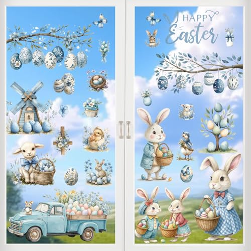 BBLIKE 9 fogli di Pasqua per finestre – Uova colorate, autoadesive, con stampa su entrambi i lati, per finestre