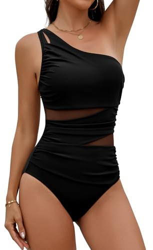 FemiChic Bañadores Mujer Reductores Vientre Plano Traje de Baño Una Pieza con Un Hombro Sexy de Malla Transparente Swimsuit para Playa Piscina(Negro,XL)