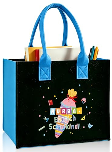 Skolstart gåva filtväska Hurra äntligen skolbarn – filt shoppingväska väska för första klass för skolstart, skolväska av filt med skolväska motiv, skolgåva för flickor pojkar (blå)