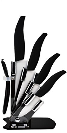 CEPPI COLTELLI LAME IN CERAMICA SET 6 PEZZI ANTIADERENTI CON CEPPO ESPOSITORE CUCINA (Manico nero)