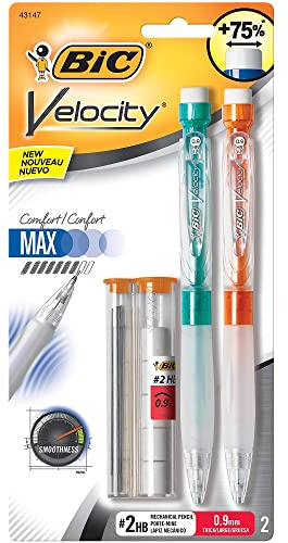 BIC Velocity Max Mechanical Pencils, With Colorful Barrel, Medium Point (0.7mm), 2-Count Pack Mechanical Pencils With Erasers and Lead Refills