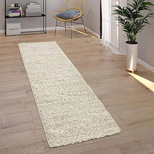 Paco Home Teppich Wohnzimmer, Schlafzimmer/Hochflor Shaggy in versch. Designs Farben und Größen, Grösse:70x250 cm, Farbe:Creme 14