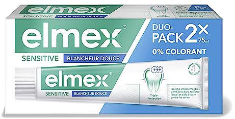 ELMEX - Dentifrice Elmex Sensitive Blancheur Douce 0 % Colorants - Dents Sensibles, Gencives Douloureuses, Protection de l'Email - 2 x 75 ml