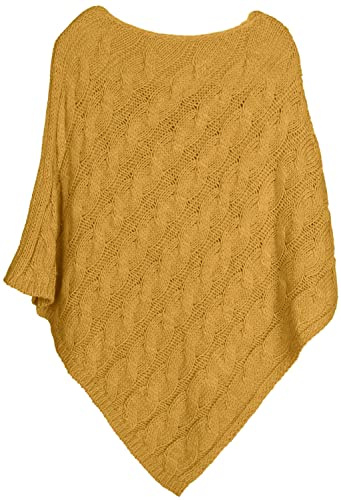 styleBREAKER Stickad poncho med flätmönster, rund hals, grovstickad, dam 08010040, Curry, En Storlek