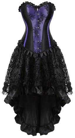 Josamogre Corset Femme Bustier Lacet Sexy Top Jupe Robe Set Lingerie Gothique avec Dentelle Victorien Grande Taille Violette 2XL