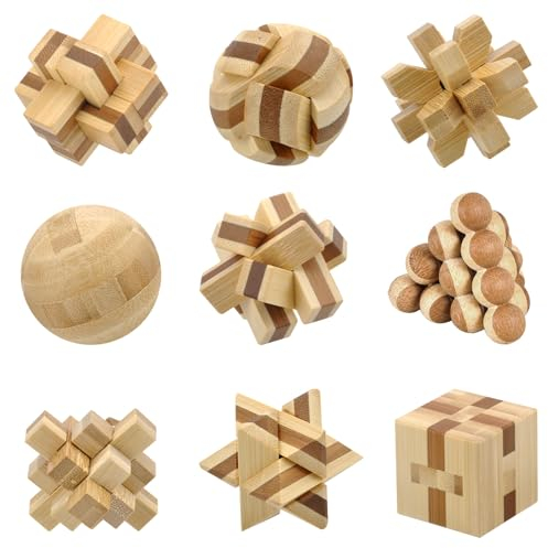 9 Stück Knobelspiele Holz, 3D Puzzle Brainteaser Denkspiel Set Holzpuzzel Geduldspiele IQ Spiele für Erwachsene Kinder Geschicklichkeitsspiel Holz Logik Geist Spielzeug