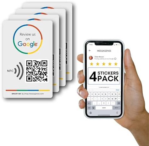 MESSAGENES - Pegatina con NFC y QR | Pegatina para Conseguir Reseñas | Compatible con Google Business | Pack 4 Unidades | QR Dinámico Editable | Analíticas de Escaneo | Sirve para iPhone y Android