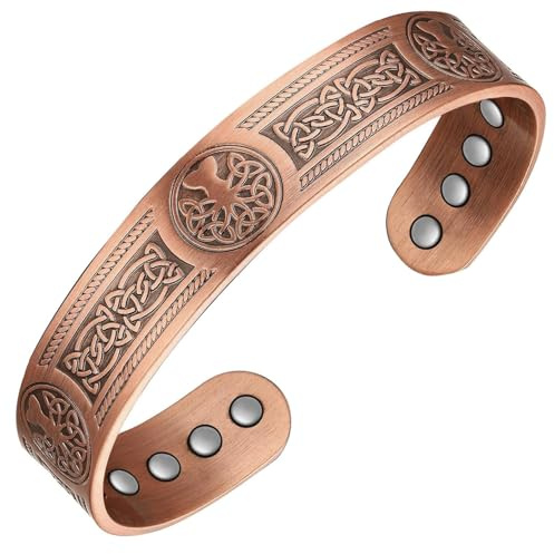Magnetiska koppararmband för män kvinnor med 12 st kraftfulla magneter | 99 % rent äkta massivt koppararmband, livets träd och keltisk knut design, lätt, justerbar armring manschett med presentask