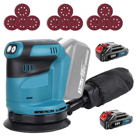 Cordless Orbital Sander for Makita 18V 3.0AH Battery*2 Random Orbital Sander, 11000RPM 3 Variable Speeds, 12Pcs Sandpapers, Electric with Dust Collection