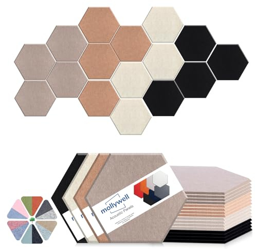Mollywell Hexagon Acoustic Panels 14x12 - Reduce Echo & Reverb, Noise Blocking Wall Tiles for Living Room & Bedroom, Deep Camel, Deep Brown, Black, Beige Sound Absorbing Panels