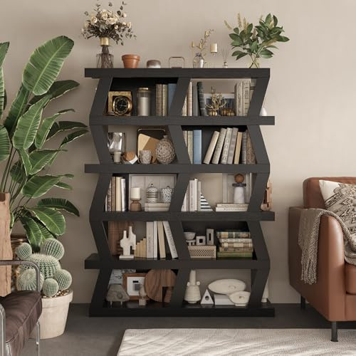 PREMTURE Bücherregal, Vitrine, Vitrinenregal Standregale mit 10 offenen Fächern, uneinheitliches Dickes schwarzes Schaugestell, Wohnzimmer, Arbeitszimmer, 160.1 cm x 29.2 cm x 120 cm, Schwarz, MDF