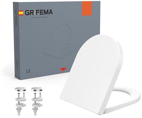 GRIFEMA Premium Abattant WC - Forme D, Universel - Duroplast(UF), Finition Céramique Brillante - Antimicrobienne & Anti-Jaunissement - Dégagement Rapide & Facile à Nettoyer - 150kg Capacité, 46.5x36cm