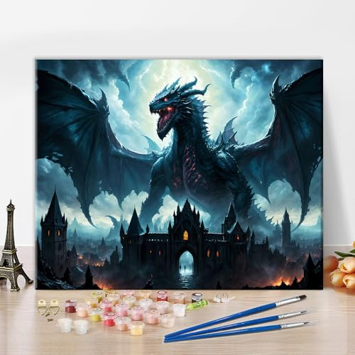 TISHIRON Dipingere con i numeri, per adulti, con drago, dipinta a mano, set di pittura a olio, set da pittura su tela con pennelli, fantasy, animali, decorazione da parete per la casa, 40 x 50 cm