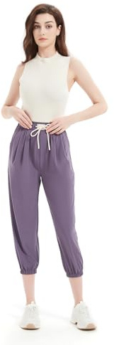 GLOWELFA Pantacourt Femme Été Taille Élastique avec Cordon | Pantalon Femme Fluide à Jambes Resserrées 7/8 | Tissu Doux Confortable pour Travail, Sport, Détente, Vacances(G82508,S,Violet)