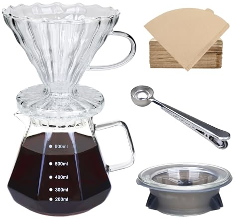 FACIACC Pour Over Coffee Maker, 600ml Borosilicate Glass Coffee Pot with Glass Lid, 50pcs Paper Filter, Pour Over Coffee Dripper and Coffee Scoop for Home Restaurant Café Camping, Clear