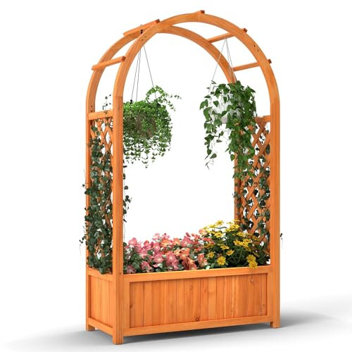 GYMAX Letto da Giardino Rialzato con Traliccio ad Arco, Cassetta per Piante in Legno con Rivestimento, Drenaggio, per Rampicanti Fiori Verdure, Contenitore per Piante Autoportante per Patio Balcone
