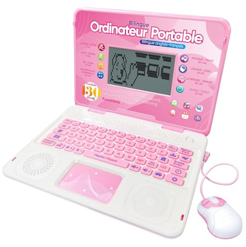 Happiegg Kids Laptop English/French - Bilingual Educational Computer Toy with 130 Activities-Teaches Maths, Spelling, Logic, Games & Music - Christmas Birthday Gifts for Boys Girls, Pink