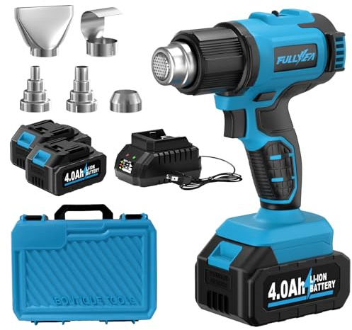 FULLYEA Heat Gun Cordless, Max 1022°F (550°C), Hot Air Gun Kit with 2x4.0Ah Batteries & 5 Nozzles, Lightweight Portable, Battery Heat Gun for Shrink Tubing, PVC Wrap, DIY Craft (Blue)