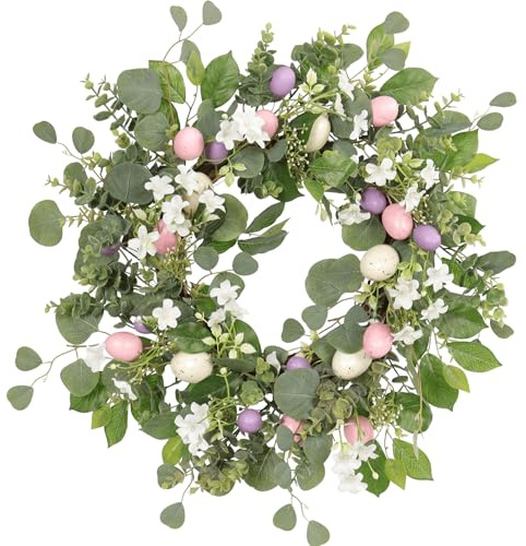 Quixem 22 Inch Easter Wreath for Front Door, Spring Eucalyptus Wreath with Pastel Speckled Eggs & White Jasmine Flowers, Farmhouse Summer Outdoor Holiday Décor