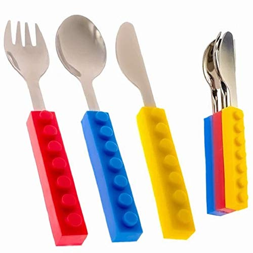 Set di posate per bambini con forchetta e cucchiaio, colori vivaci, impilabili, in acciaio inox, per giocare a cena, stoviglie per bambini (set da 3 pezzi)