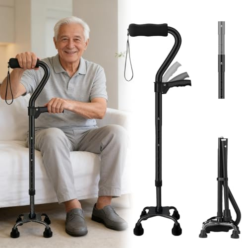 Promenadkäpp med 4-punktstativ för kvinnor och män, höjdjusterbar fyrkäpp med dubbla handtag, vikbar och självstående, lätt stabil gångstöd för seniorer, balans och rehabilitering