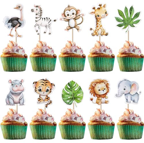 CharmeFleur 20 Piezas Decoración Para Cupcakes Con Animales De Safari Tema Jungla Hojas Verdes Selva Fiesta Para Bebés Chicos Y Chicas Cumpleaños Pinchos Salvajes