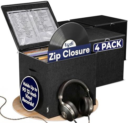 Tydi Vinyl Record Storage Box 4 Pack, Holds 90 x 12 Inch LPs | Zip Closure · Collapsible Crate · for Home Use