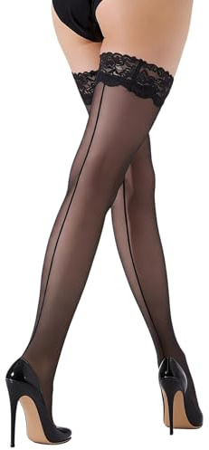Women's Lace Top Thigh High Sheer Stockings Silicone Stay Up Pantyhose Polka Dot and Back Seam Detail (US, Alpha, One Size, Regular, Regular, Black Back Seam)