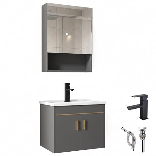 Set di mobili da bagno 50cm con lavabo e armadietto a specchio, mobile sottolavabo sospeso grigio in legno di pino, lavabo in ceramica con rubinetto e scarico, set di mobili da bagno per bagno (grigio