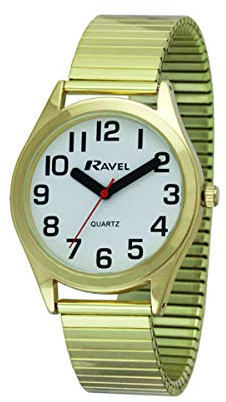 Ravel - Damen-Uhr mit superflachem Sichthilfe-Edelstahl-Expanderarmband mit großen Zahlen und Zeigern - goldfarbenes/weißes Zifferblatt