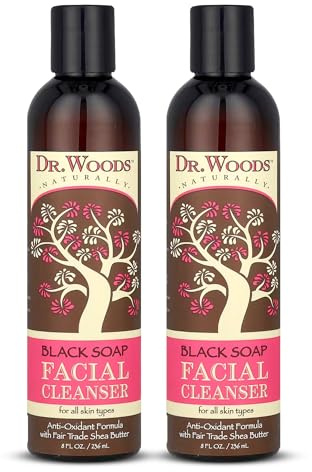 Dr. Woods Black Soap Facial Cleanser - Made with Organic Shea Butter, Gentle Liquid Face Wash for Men and Women, Natural Cleansing for Daily Use and All Skin Types - 8 Fl Oz (Pack of 2)