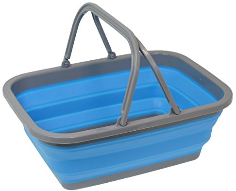 Collapsible Shopping Basket Tote – Silicone Market Basket with Handles, Portable and Foldable, Blue