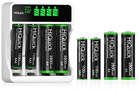 HiQuick 4-slot AA AAA LCD Battery Charger, Fast Charging Function, Type C and Micro USB Input, with 4 x 2800mAh AA and 4 x 1100mAh AAA NI-MH Rechargeable Batteries, Battery and Charger Set