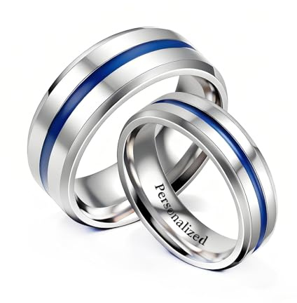 Ihanskio Anillo Personalizado Para Pareja De Anillos De Patrón De Rayas Azules En El Interior Puede Grabar Anillos De Compromiso De Boda De Promesa (Couple ring,1 PAIR)