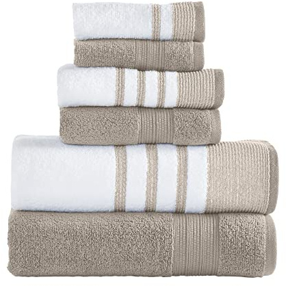 Modern Threads Juego de 6 Piezas, 2 Toallas de baño, 2 Toallas de Mano, 2 Toallas faciales, Secado rápido, Blanco/Contraste Reinhart Tan