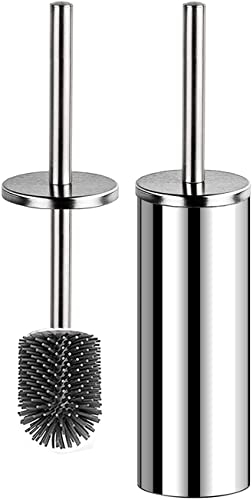 Bingobang Toilet Brush and Holder,Stainless Steel Lid Handle,Silicone Deep Cleaner Toilet Brushes with Quick Drying Holder Set for Bathroom Toilet(Silver)