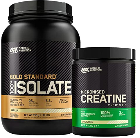 Optimum Nutrition 100% Gold Standard Isolate Proteine Whey in Polvere con BCAA Vaniglia 930g 31 Porzioni + Micronised Creatine Monohydrate per la Performance Non Aromatizzato 317g 93 Porzioni
