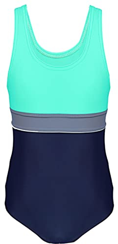 Aquarti Mädchen Badeanzug mit Ringerrücken – Sport Badeanzug Mädchen, Chlorresistent, Farbe: 025 Dunkelblau/Grau/Grün, Größe: 170
