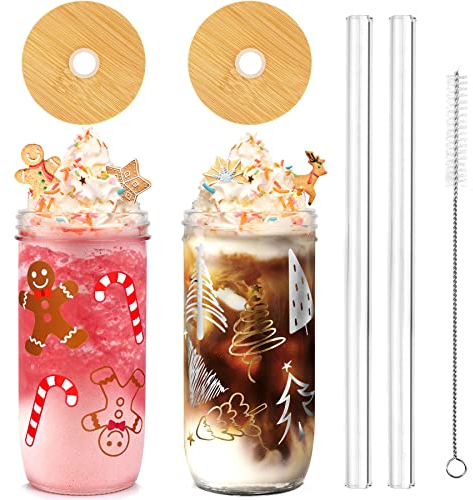 ANOTION Weihnachten Mason Jar Cups, 700ml Weihnachtsbecher mit Deckel und Stroh Weihnachtsbecher Trinkgläser Kaffeebecher Weihnachten Home Decorations Geschenk