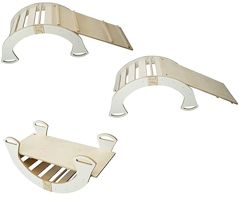 Skyline Balancelles Bascule Enfant Montessori Bebe 1 an Escalade Arche en Bois Mur descalade meble Arc à Grimper Bascule d'équilibre Portique d'escalade avec Toboggan L Blanc