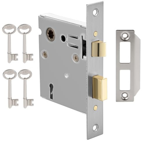 Toptotoo Mortise Lock Set Interior Door, Old Door Lock Replacement Parts, Antique Vintage Door Lock Hardware, Skeleton Keys and Reversible Latch, Mortise Lock Kit, Brushed Nickel Finish