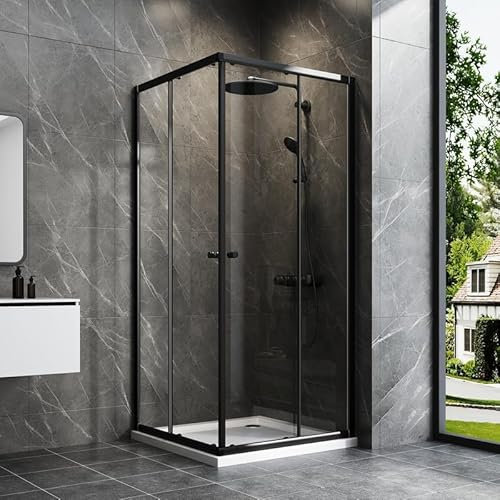 WDWRITTI Eckeinstieg Duschkabine 80x80cm Schiebetür Schwarz Duschabtrennung, Glas Duschschiebetür Duschwand Dusche mit Doppel Schiebetür mit 6mm ESG-Sicherheitsglas, Duschkabine Höhe 185cm