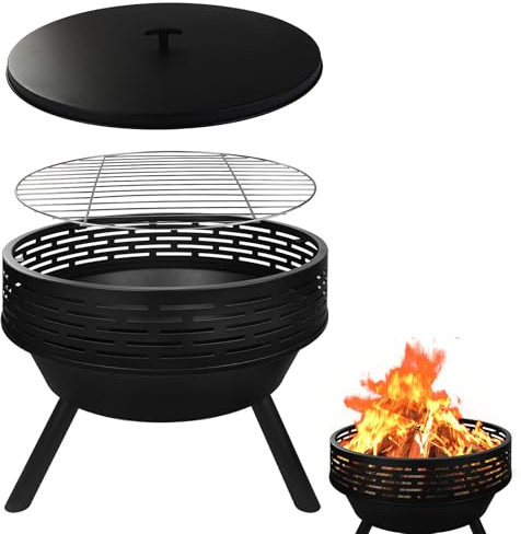 PWSOMJ 23 Inch Cast Iron Round Fire Pit with Grill, 3-in-1 Outdoor Fire Bowl, Fire Pit Table with Metal Lid and Fire Poker, Wood Burning Firepit for BBQ Bonfire Patio Picnic