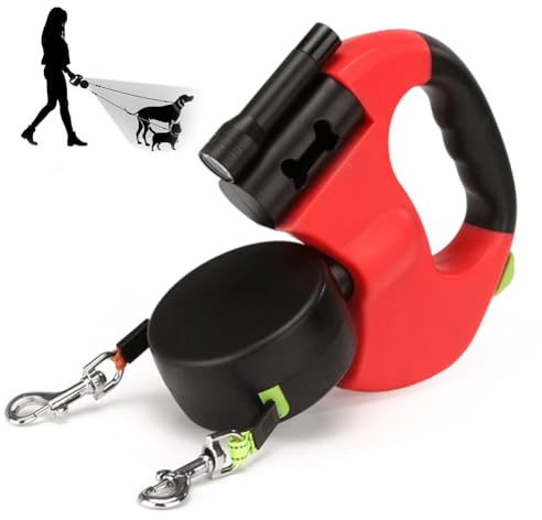 CRWEOM Correa para perros doble para 2 perros, correa retráctil con función giratoria de 360°, iluminación LED y nailon reflectante, mango ergonómico, color rojo