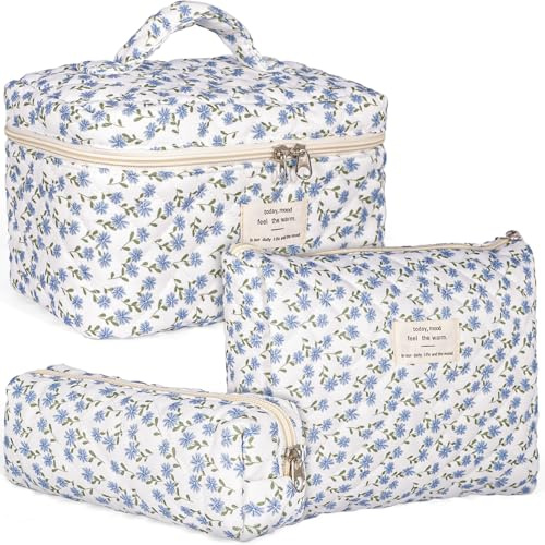POWZOO 3pcs Beauty Case da Viaggio Donna,Trousse da Viaggio,Grande Makeup Bag,Trousse Trucchi Donna,MorbidoCotone Floreale,con Cerniera,Lavabile,per Viaggio per Cosmetici da Trucco Portatile.(002)