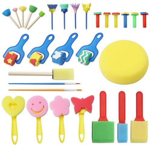APOMOONS 30 Pièces Kit Pinceau Éponge, Réutilisable Kit Peinture Enfant, Matériel Pinceaux Peinture Enfant Set, Crafts Éponge Brosse pour Le Bricolage et L'artisanat