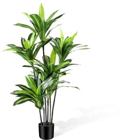CyanGrove Dracaena Artificial Plant Indoor 4FT - Large Tropical Fake Tree with Lifelike Leaves - Tall Faux Floor Plant in Pot - Artificial Dracaena Tree Indoor for Home Office Living Room Decor