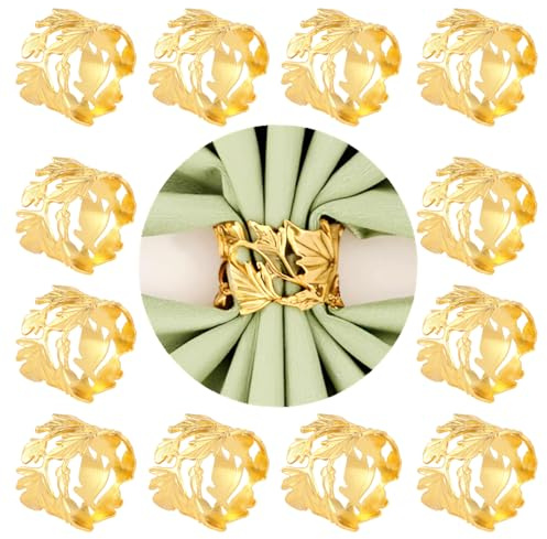 12 Pcs Gold Leaf Napkin Rings Set,Hollow-Out Golden Leaves Napkins Rings Elegant Alloy Holders Bulk for Art Gathering,Thanksgiving Christmas Table Setting Decor,Party Decoration,Daily Use(Round 12)