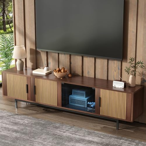 OLIVIBED Armario de TV con LED, Armario bajo para Sala de Estar con 3 Puertas, Armario para televisores de hasta 85 Pulgadas, Armario de televisión para salón, Dormitorio, 200 x 35 x 53 cm, Nogal